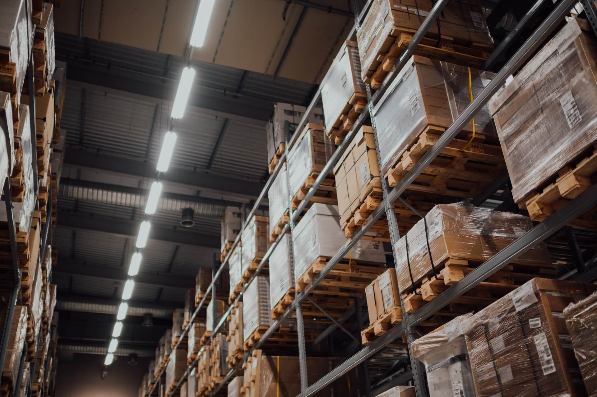 Boxes on warehouse shelves